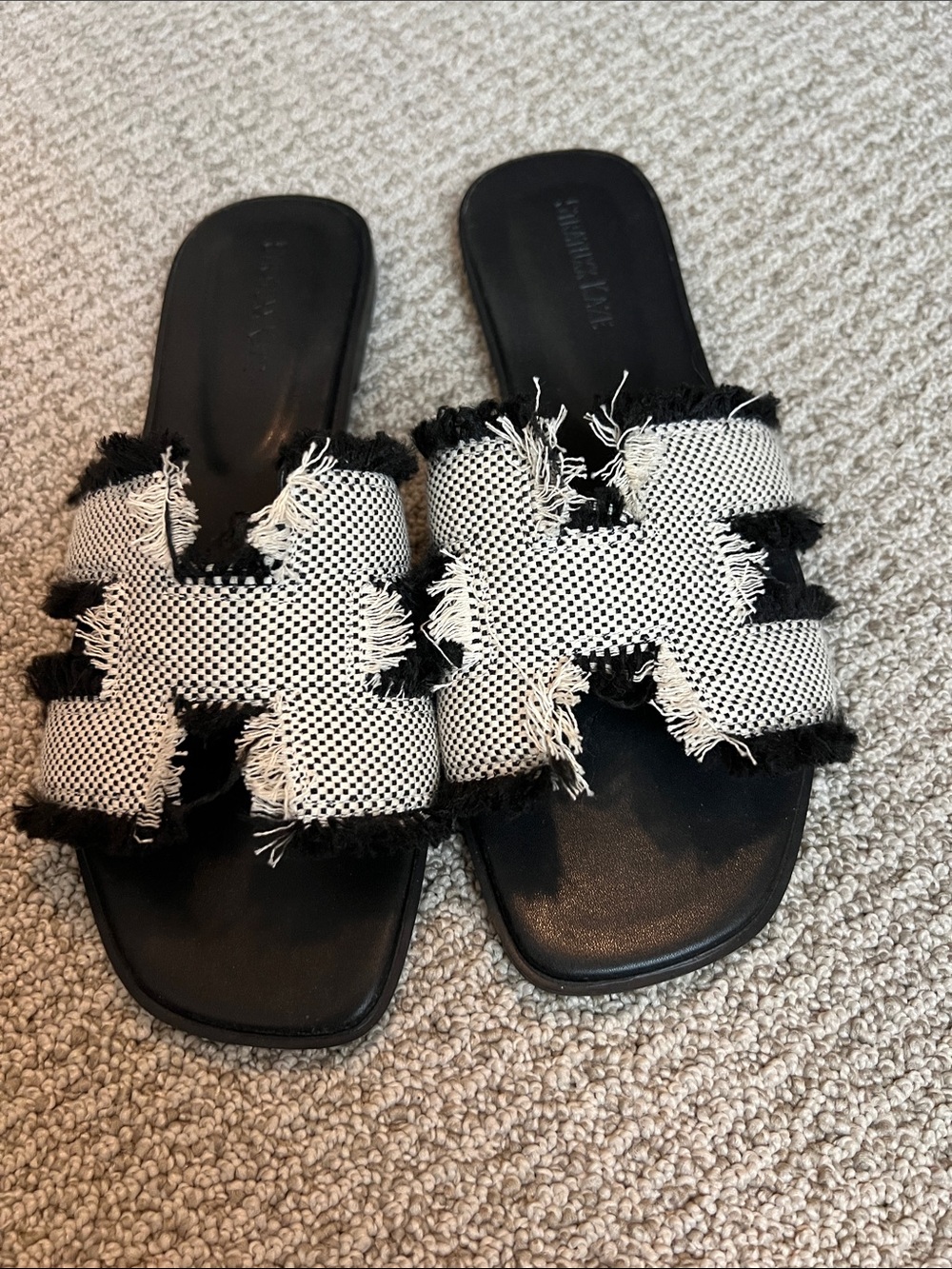 Frayed Black and White Slip-On Sandals